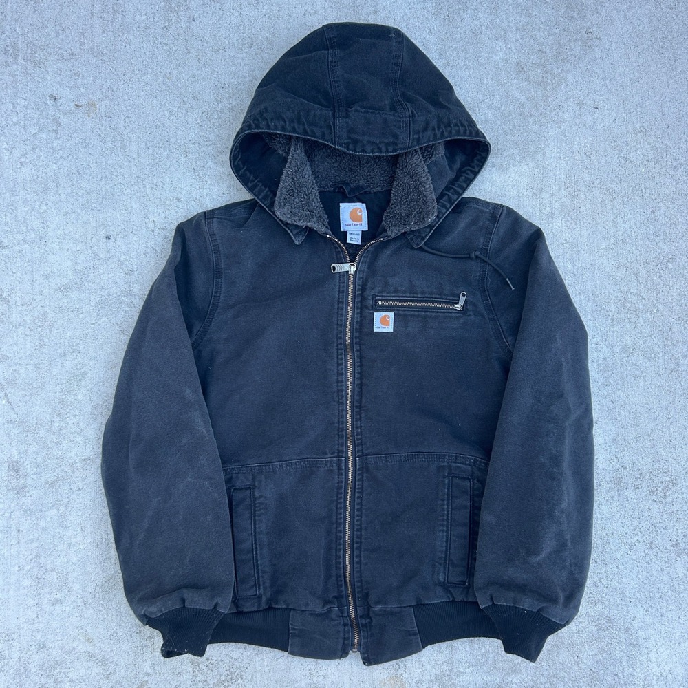 Carhartt Women's Medium Black Sherpa Lined Hooded Canvas Jacket Workwear Vintage